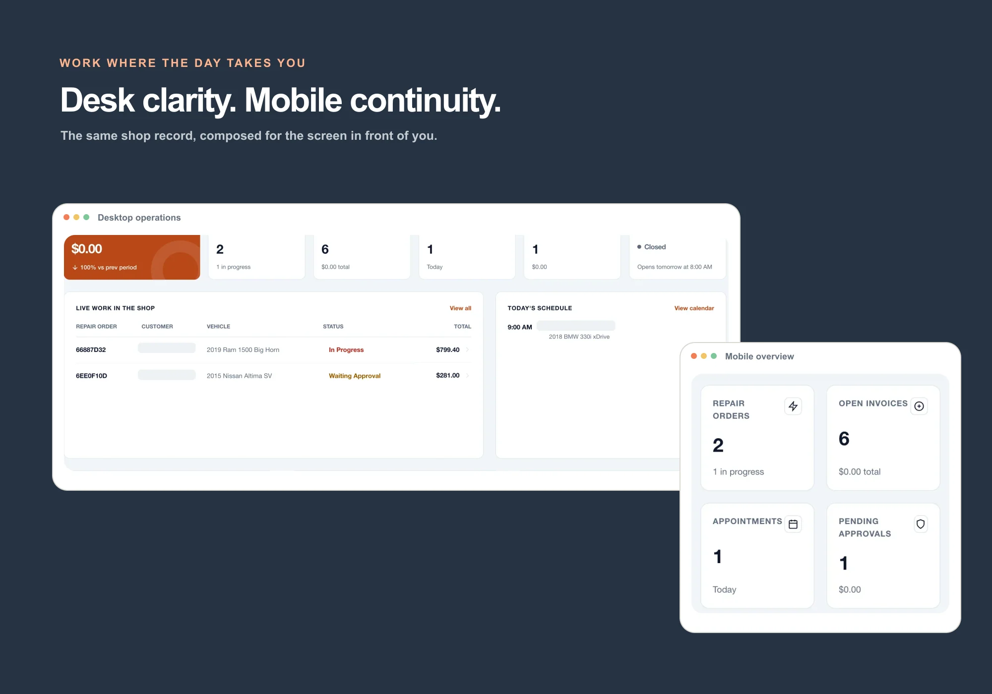 Real WrenchDay desktop and responsive mobile dashboard views with identifying names removed