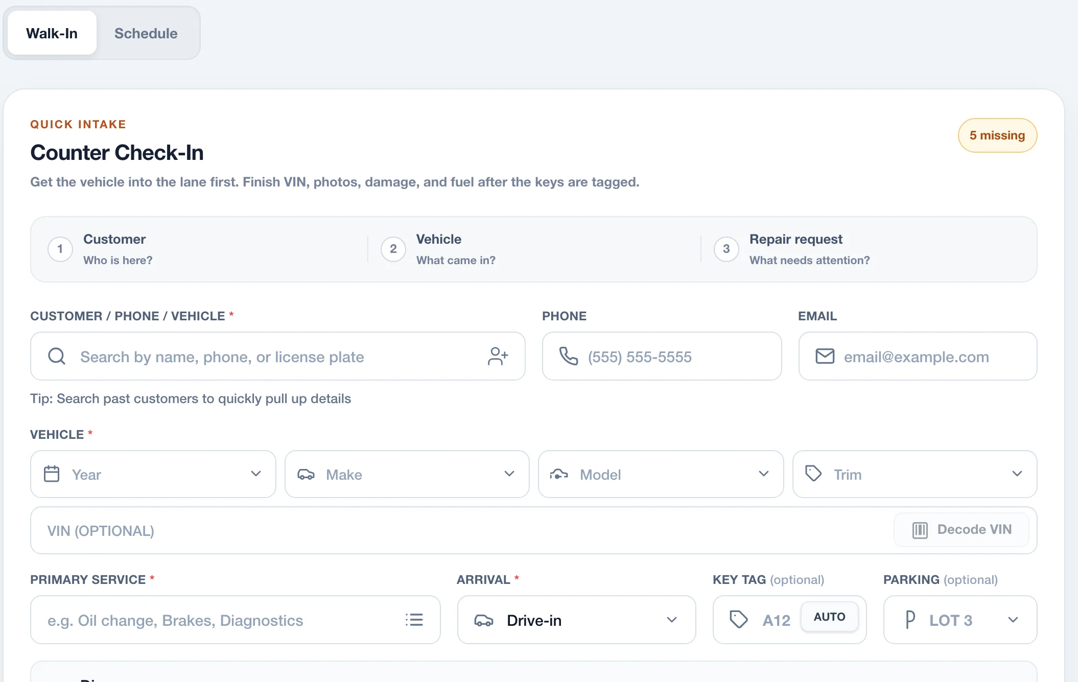 WrenchDay counter check-in form with fictional placeholders and no customer data