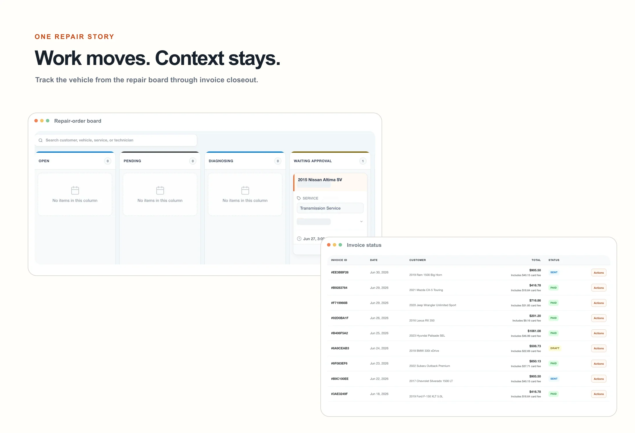 Real WrenchDay repair-order and invoice workflows with identifying names removed